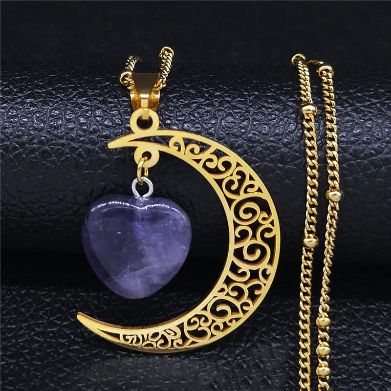 Collar con dije de piedra Natural de acero inoxidable de Color negro, collar con forma de corazón y Luna para mujer, joyería de San Valentín, joyeria de acero inoxidable
