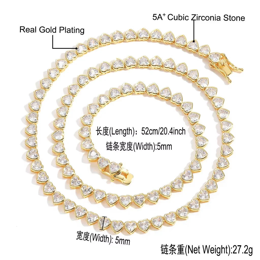 Collar Tennis Chain Corazón Zirconia – Chapado en Oro | Hip Hop Femenino