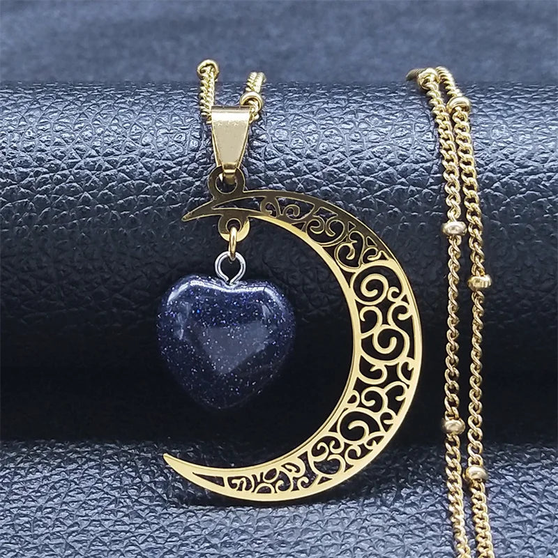 Collar con dije de piedra Natural de acero inoxidable de Color negro, collar con forma de corazón y Luna para mujer, joyería de San Valentín, joyeria de acero inoxidable