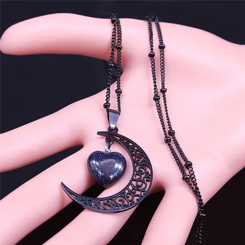 Collar con dije de piedra Natural de acero inoxidable de Color negro, collar con forma de corazón y Luna para mujer, joyería de San Valentín, joyeria de acero inoxidable