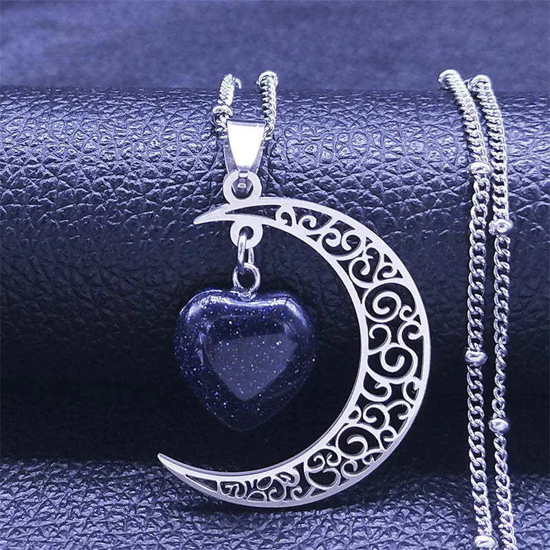 Collar con dije de piedra Natural de acero inoxidable de Color negro, collar con forma de corazón y Luna para mujer, joyería de San Valentín, joyeria de acero inoxidable