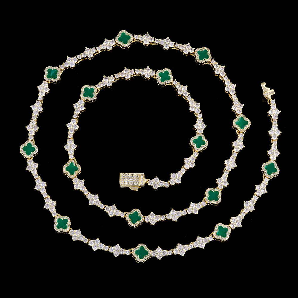 Collar Trébol Cuatro Hojas CZ – Tennis Chain Chapado en Plata | Hip Hop Mujer