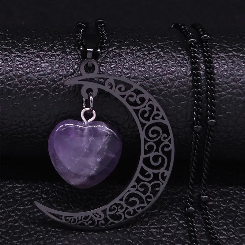 Collar con dije de piedra Natural de acero inoxidable de Color negro, collar con forma de corazón y Luna para mujer, joyería de San Valentín, joyeria de acero inoxidable