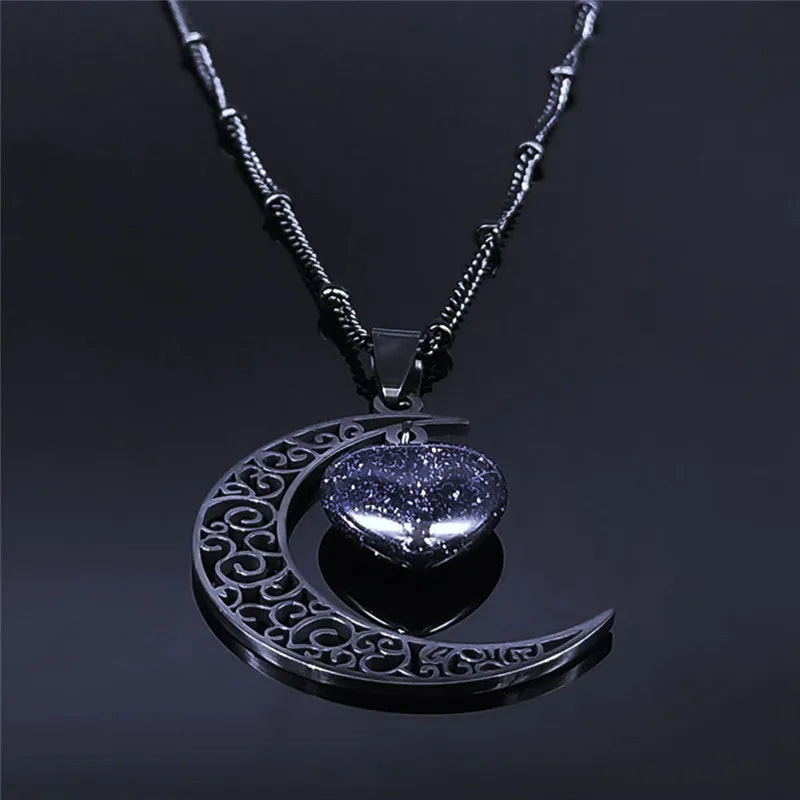 Collar con dije de piedra Natural de acero inoxidable de Color negro, collar con forma de corazón y Luna para mujer, joyería de San Valentín, joyeria de acero inoxidable