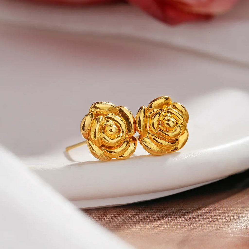 Aretes Flor Rosa – Oro Sólido 18K AU750 Hollow | Joyería Fina Mujer