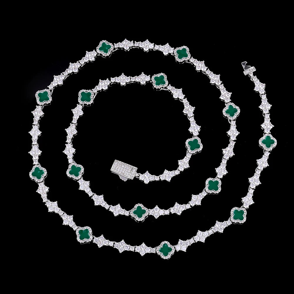 NUOYA Hip Hop New Style Four Leaf Clover Necklace Silver Plated 6.5mm CZ Colorful Tennis Chain Jewelry for Women