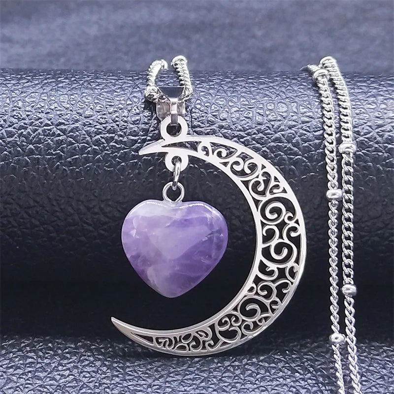 Collar con dije de piedra Natural de acero inoxidable de Color negro, collar con forma de corazón y Luna para mujer, joyería de San Valentín, joyeria de acero inoxidable