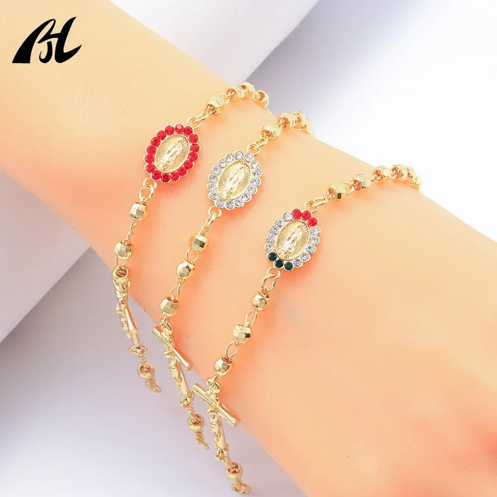 Cuentas de Rosario Tricolor Oro Laminado, joyería religiosa católica, pulseras chapadas en oro de 14 quilates para suministros de fabricación de joyas