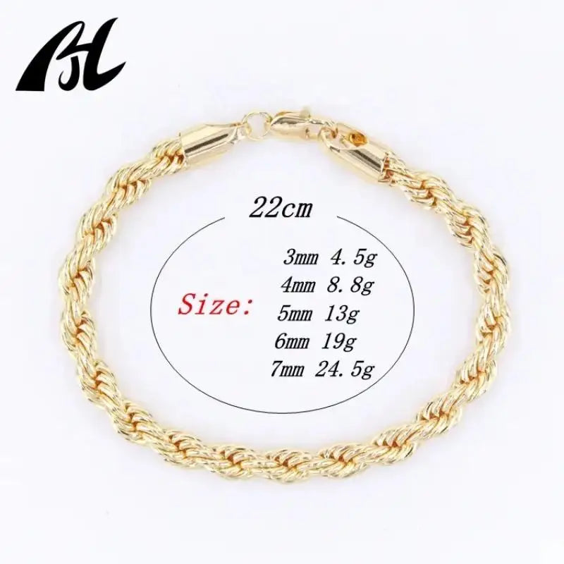 Hip hop joyeria oro laminado mujeres hombres clásico serpiente cadena pulseras cable grueso cuerda Twist Chain