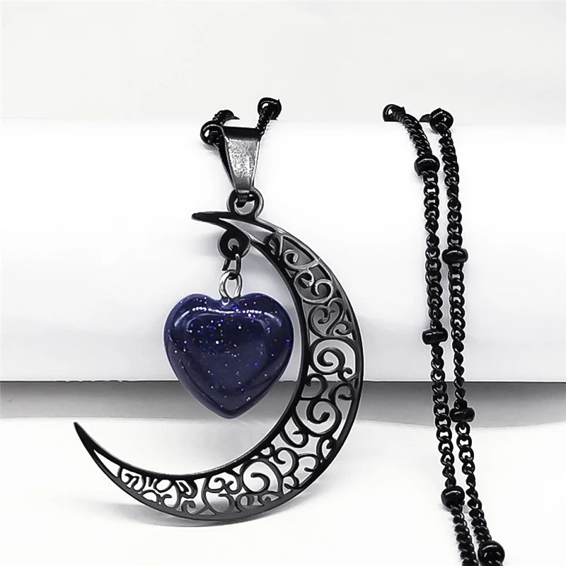 Collar con dije de piedra Natural de acero inoxidable de Color negro, collar con forma de corazón y Luna para mujer, joyería de San Valentín, joyeria de acero inoxidable
