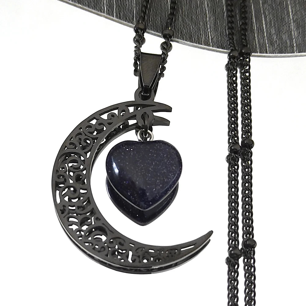 Collar con dije de piedra Natural de acero inoxidable de Color negro, collar con forma de corazón y Luna para mujer, joyería de San Valentín, joyeria de acero inoxidable