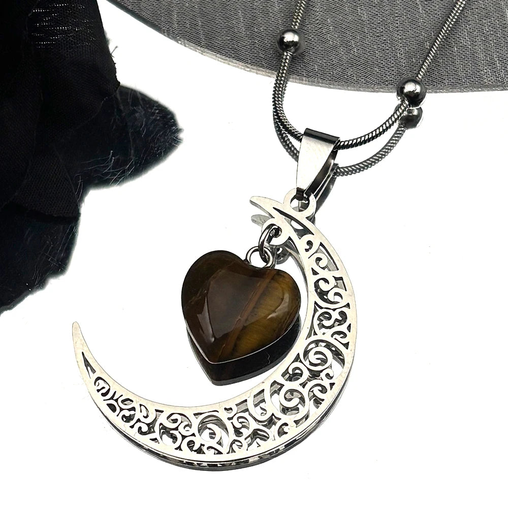 Collar con dije de piedra Natural de acero inoxidable de Color negro, collar con forma de corazón y Luna para mujer, joyería de San Valentín, joyeria de acero inoxidable