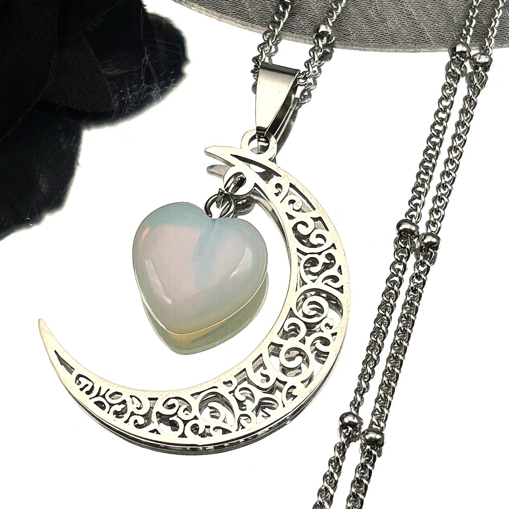 Collar con dije de piedra Natural de acero inoxidable de Color negro, collar con forma de corazón y Luna para mujer, joyería de San Valentín, joyeria de acero inoxidable