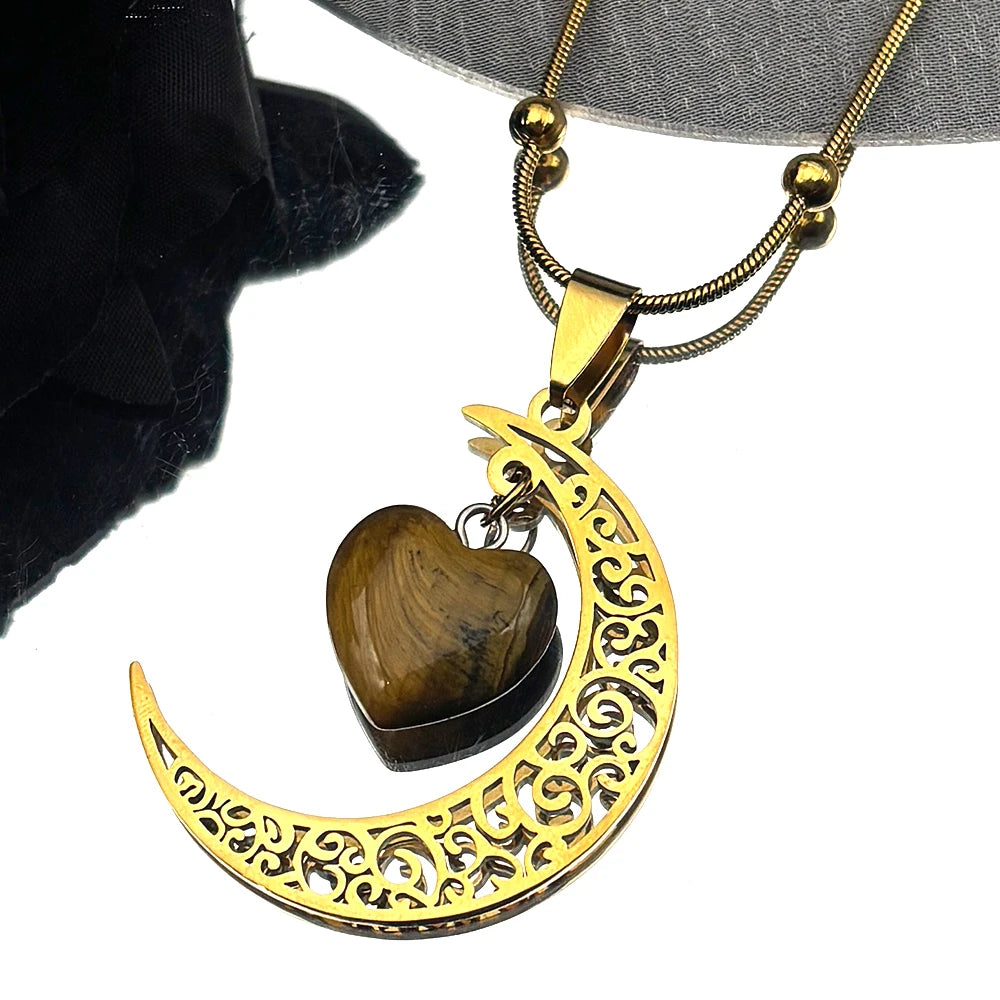Collar con dije de piedra Natural de acero inoxidable de Color negro, collar con forma de corazón y Luna para mujer, joyería de San Valentín, joyeria de acero inoxidable