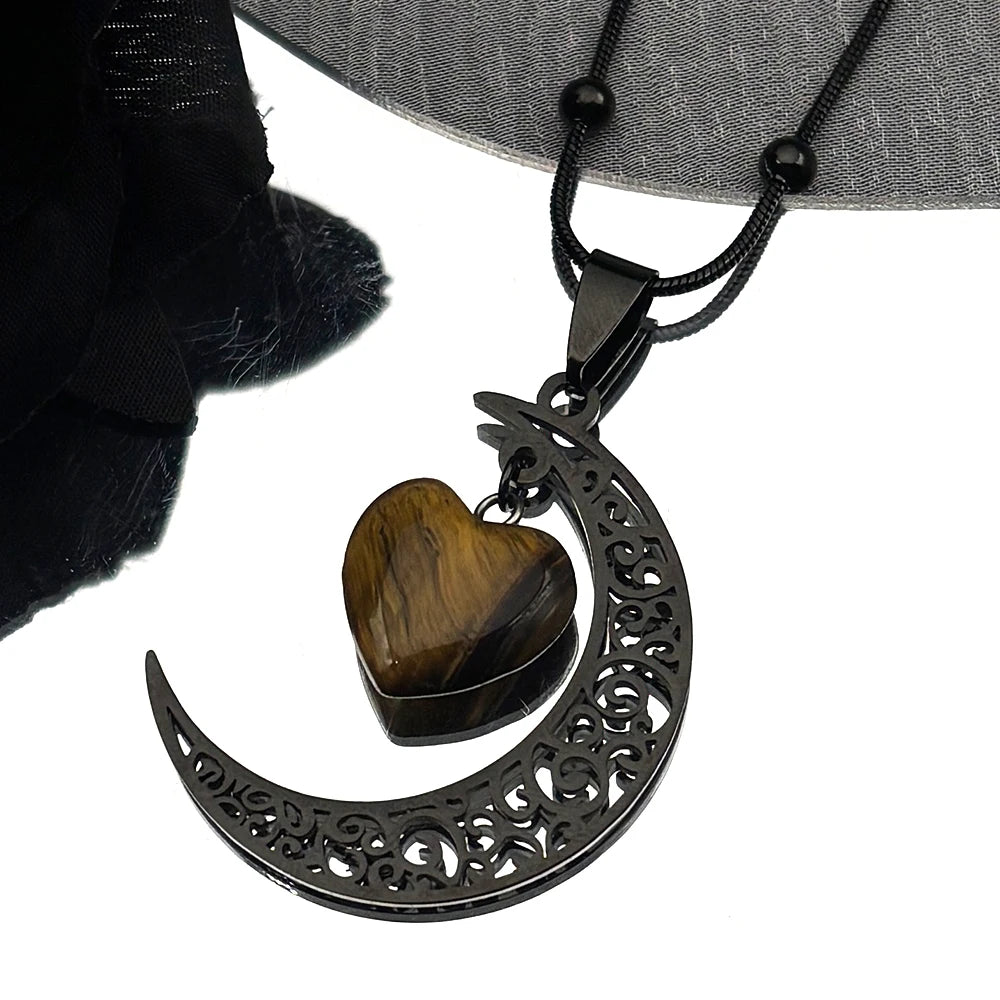 Collar con dije de piedra Natural de acero inoxidable de Color negro, collar con forma de corazón y Luna para mujer, joyería de San Valentín, joyeria de acero inoxidable