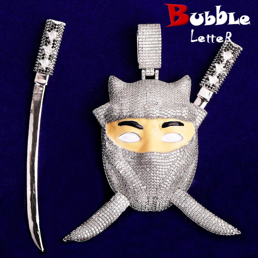 Colgante con letra de burbuja Ninja Edición Limitada Oro Blanco, colgante para collar para hombre, joyería de rapero de circonia cúbica 5A