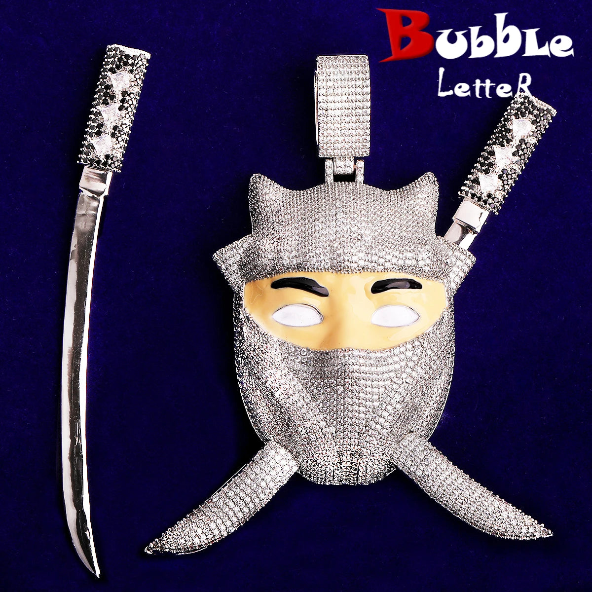 Colgante con letra de burbuja Ninja Edición Limitada Oro Blanco, colgante para collar para hombre, joyería de rapero de circonia cúbica 5A
