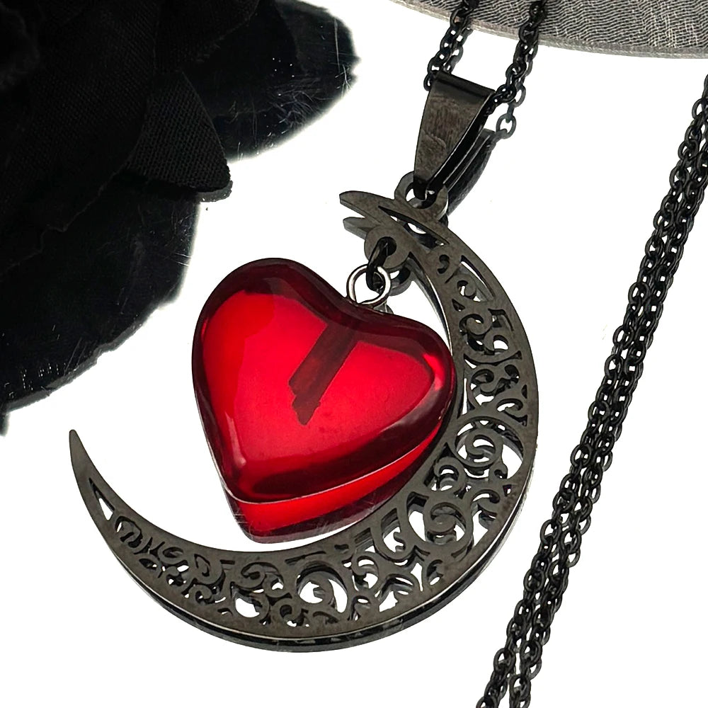 Collar con dije de piedra Natural de acero inoxidable de Color negro, collar con forma de corazón y Luna para mujer, joyería de San Valentín, joyeria de acero inoxidable