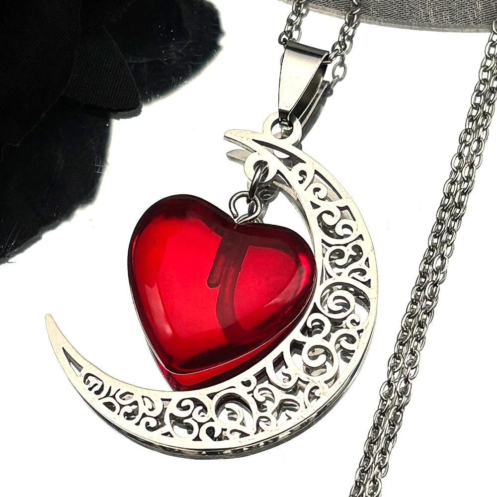 Collar con dije de piedra Natural de acero inoxidable de Color negro, collar con forma de corazón y Luna para mujer, joyería de San Valentín, joyeria de acero inoxidable