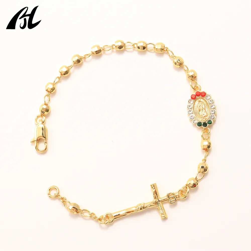 Cuentas de Rosario Tricolor Oro Laminado, joyería religiosa católica, pulseras chapadas en oro de 14 quilates para suministros de fabricación de joyas