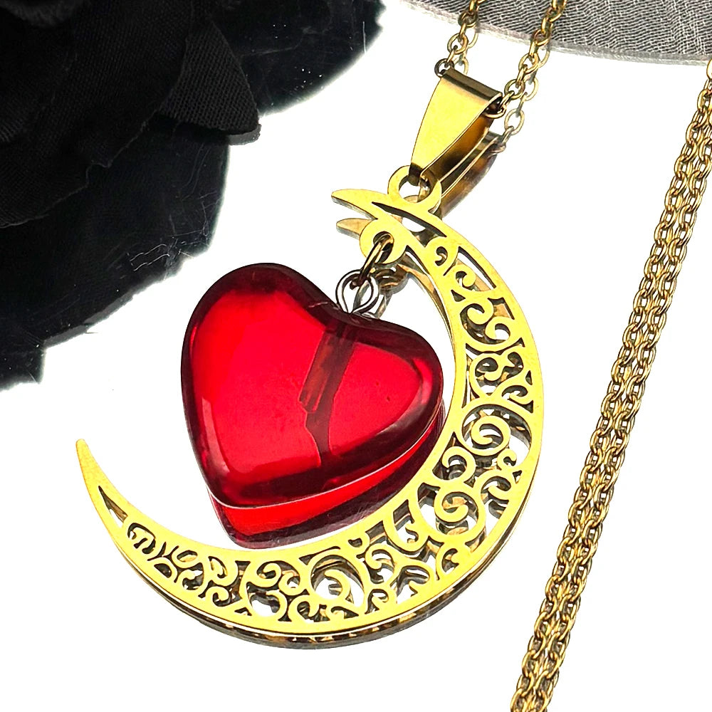 Collar con dije de piedra Natural de acero inoxidable de Color negro, collar con forma de corazón y Luna para mujer, joyería de San Valentín, joyeria de acero inoxidable