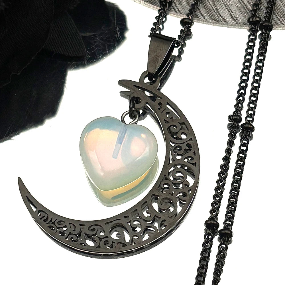 Collar con dije de piedra Natural de acero inoxidable de Color negro, collar con forma de corazón y Luna para mujer, joyería de San Valentín, joyeria de acero inoxidable
