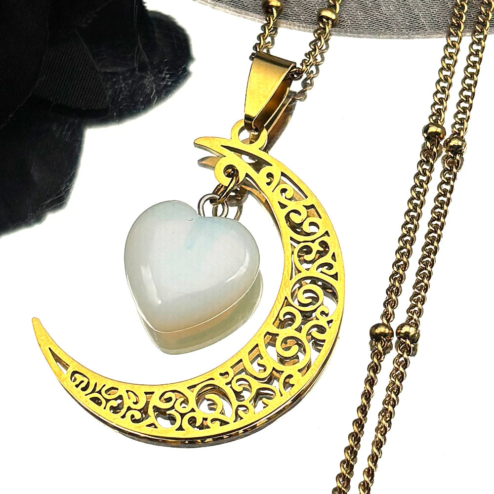Collar con dije de piedra Natural de acero inoxidable de Color negro, collar con forma de corazón y Luna para mujer, joyería de San Valentín, joyeria de acero inoxidable