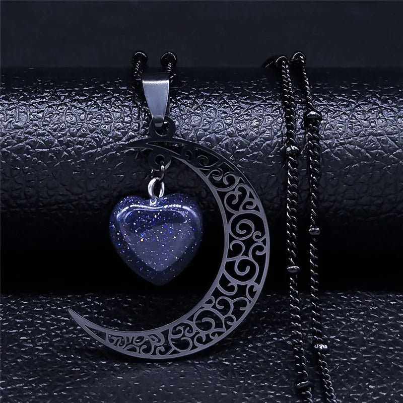 Collar con dije de piedra Natural de acero inoxidable de Color negro, collar con forma de corazón y Luna para mujer, joyería de San Valentín, joyeria de acero inoxidable